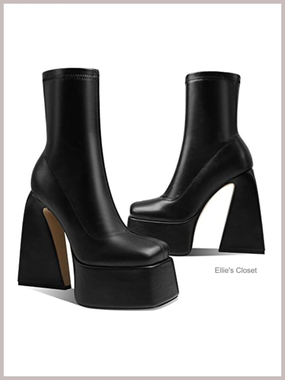 Faux Leather Platform Boots Women Mid Calf Square Toe Chunky High Heel Side